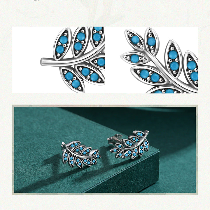 Boucle d'oreille grimpante en argent 925 avec feuilles et pierres turquoise - Femme - 14 x 8,2 mm - 1,74 g