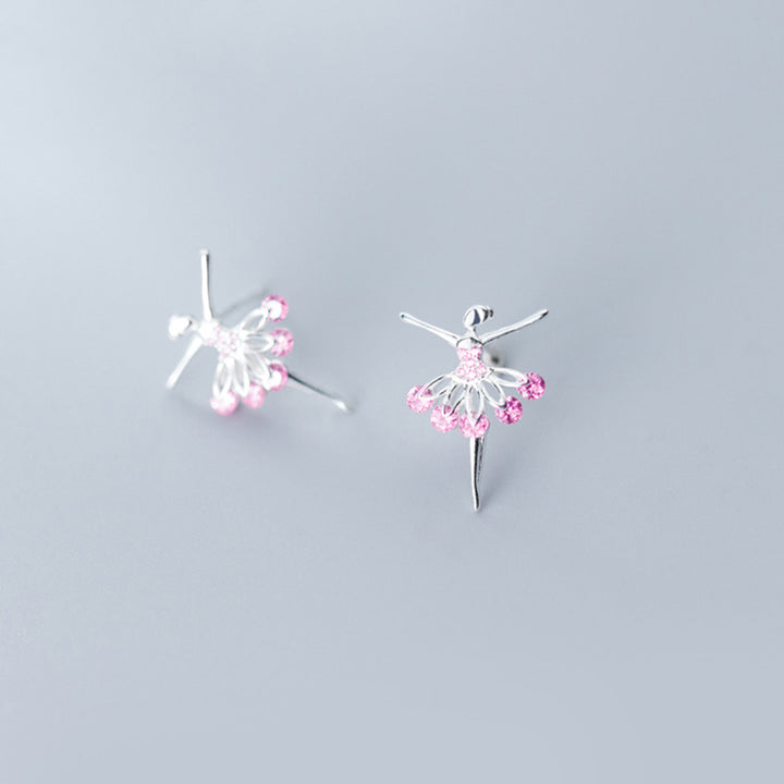 Boucle d'oreille danseuse étoile en argent 925 avec strass roses - Enfant. Bijou féérique pour les jeunes rêveuses.