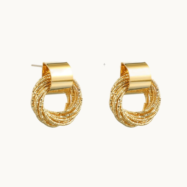 Ce sont des boucles d'oreille composées d'un anneau plat et large sur lequel pend de nombreux anneaux torsadés. Les boucles sont dorées. 