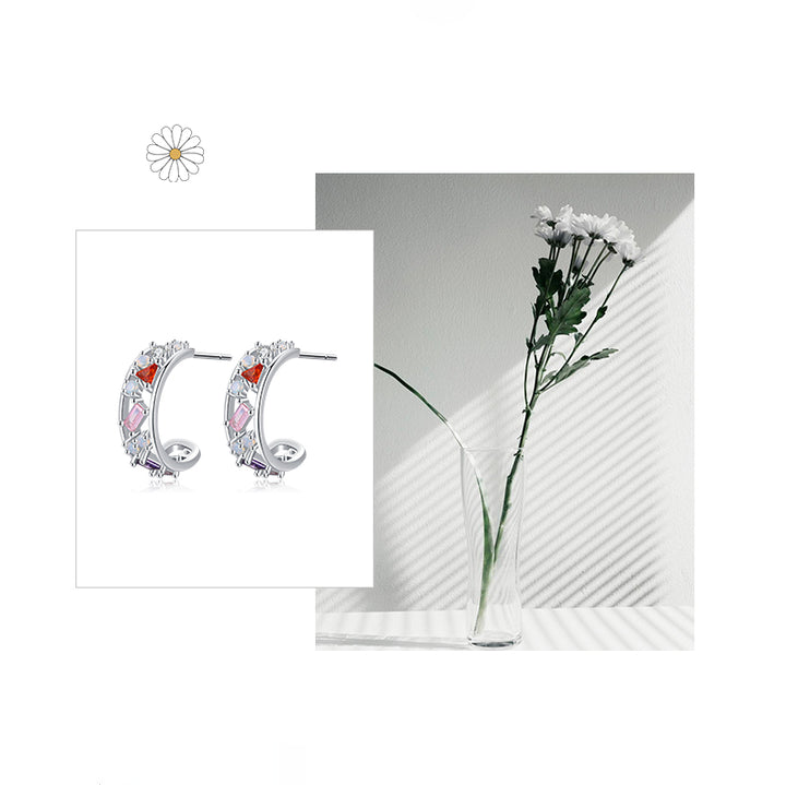 Boucle d'oreille créole large ajourée avec fleur verte dans un vase en verre - Femme - Argent 925