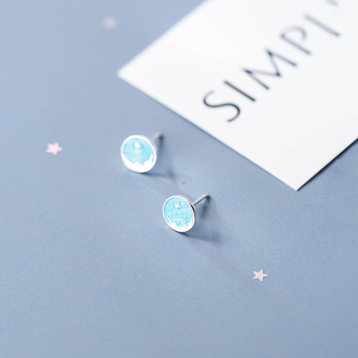 Boucle d'oreille ronde bleu ciel étoile en argent 925 pour femme - 0,8 x 0,8 cm - Raffinement et originalité avec une touche d'éclat.