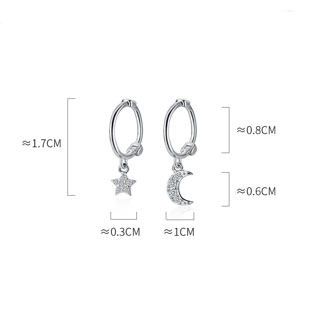 Boucle d'oreille asymétrique pendante anneau lune étoile strass - Femme - Argent 925. Fusion de modernité et symbolisme pour une allure féminine et tendance.