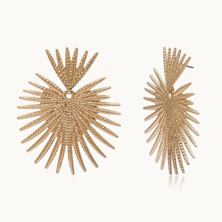 Une paire de boucles d'oreille est exposée devant un fond beige.  Ce sont de grandes boucles d'oreille. Elles sont composées d'un triangle avec des piques sur lequel pend un coeur entouré de piques.  Elles sont dorées.