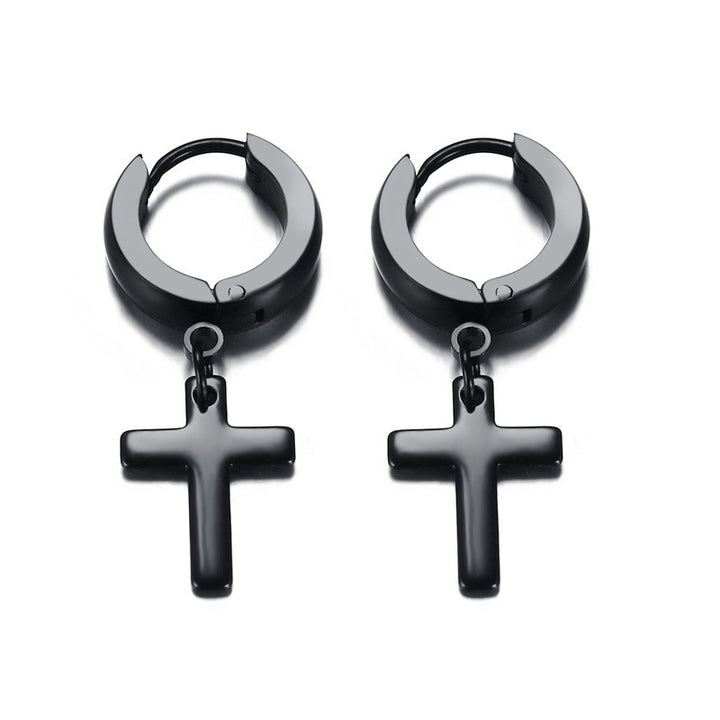 Boucle d'oreille anneau pendante croix noire en acier inoxydable pour homme - Élégance sobre avec une touche de spiritualité. Dimensions : 31 x 10,5 mm. Poids : 2 g.