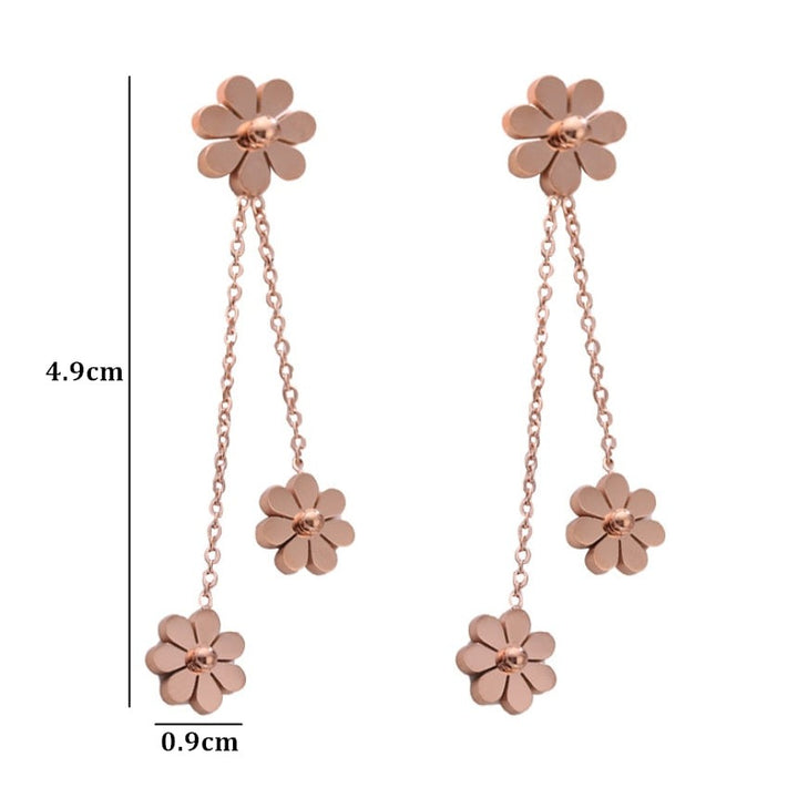 Boucle d'oreille pendante avec fleurs marguerites et chaînes en acier inoxydable plaqué or - Femme - 4,9 x 0,9 cm - 10 g.