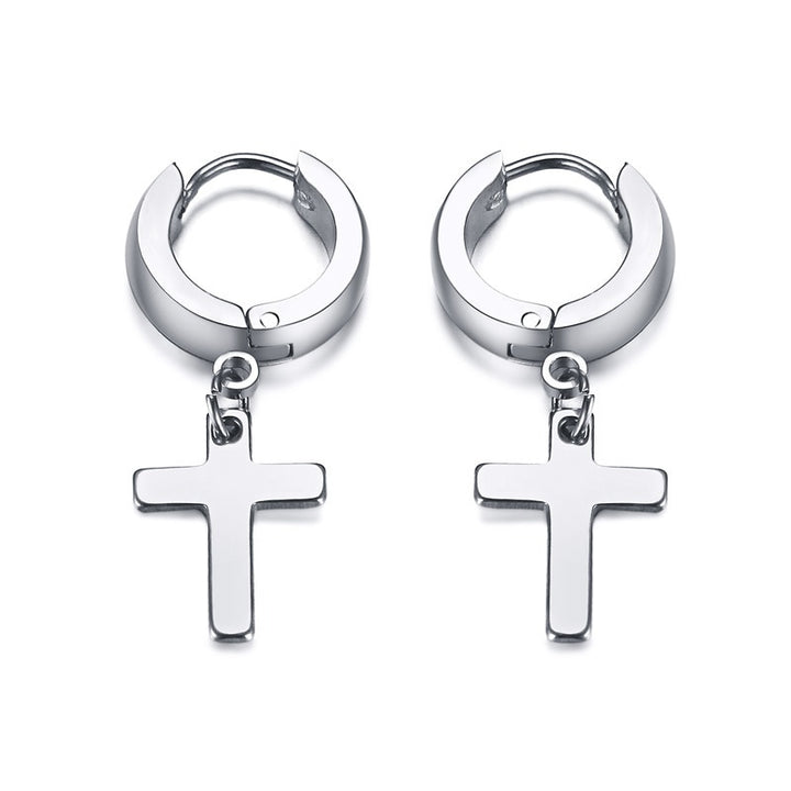 Boucle d'oreille anneau pendante croix en acier inoxydable pour homme - Élégance sobre avec une touche de spiritualité. Disponible en argent, or ou noir. Dimensions : 31 x 10,5 mm. Poids : 2 g.