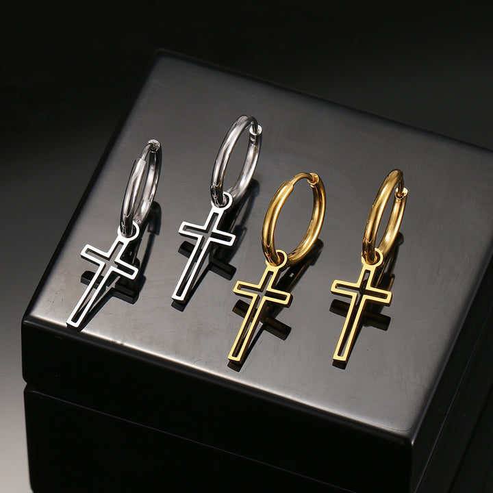 Boucles d'oreille anneau croix ajourée pendante en acier inoxydable argent ou plaqué or pour femme. Élégance intemporelle avec croix ajourée oscillante.