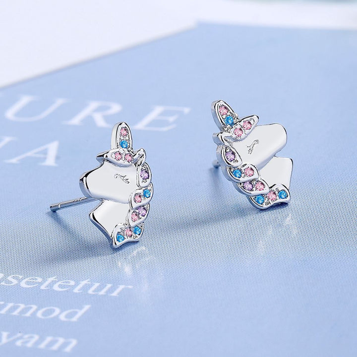 Une paire de boucles d'oreille licorne argent 925 avec strass pastels - Enfant - 1001 Boucles d'Oreille