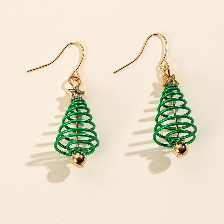 Boucle d'oreille pendante sapin de Noël en spirale verte avec étoile dorée - Femme. Élégance festive et éclat de Noël pour illuminer vos tenues festives. Matériau : Alliage de zinc. Dimensions : 5,4 x 1,7 cm. Poids : 4,3 g. Style : Boucle d'oreille pendante, Noël.