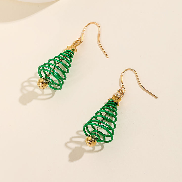 Boucle d'oreille pendante sapin de Noël en spirale verte avec étoile dorée - Femme. Élégance festive et éclat de Noël pour illuminer vos tenues festives.