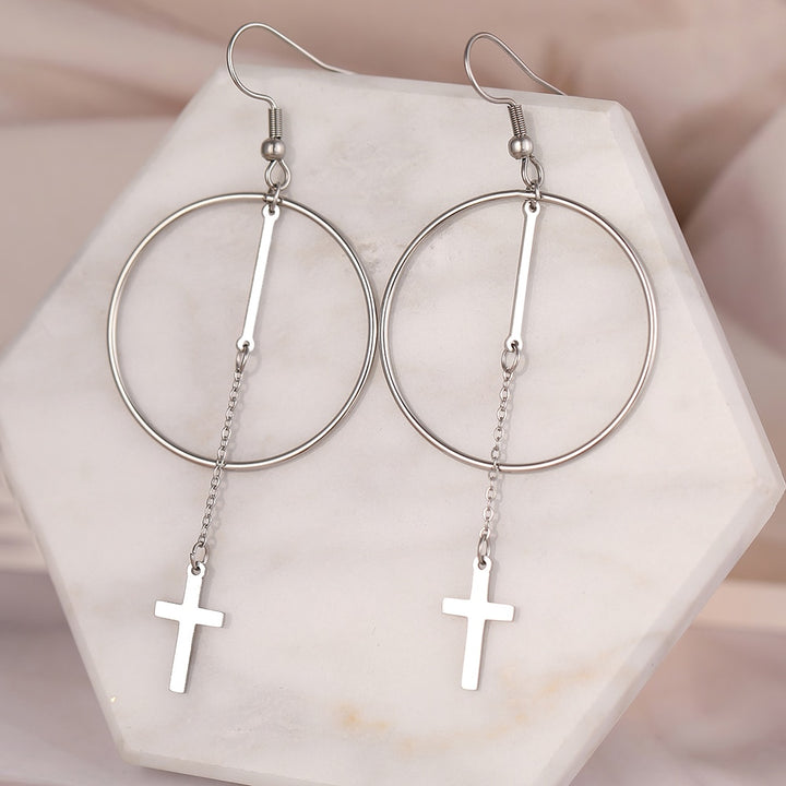 Boucles d'oreilles créoles avec chaîne et croix pendante en acier inoxydable - Femme - Bijoux 1001 Boucles d'Oreille