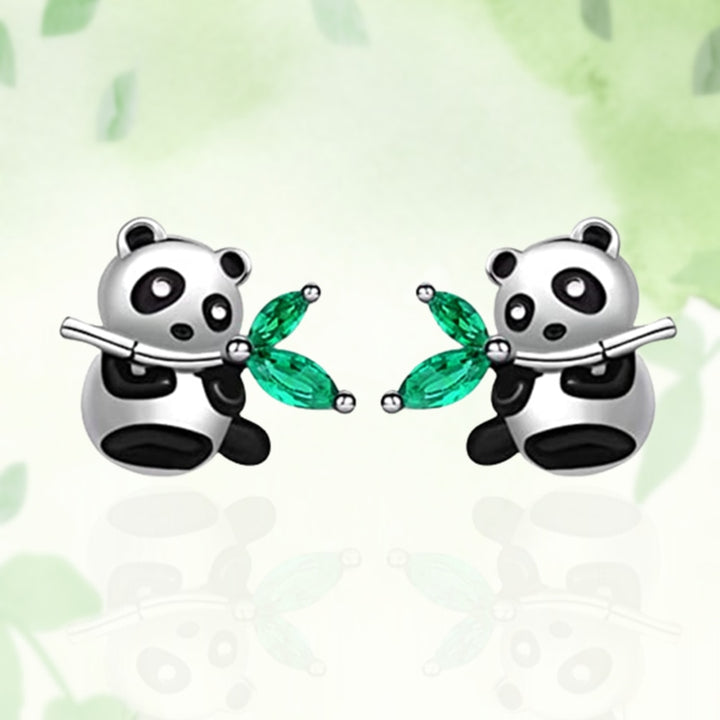 Boucle d'oreille panda bambou strass émeraude - Enfant, bijou mignon avec feuilles scintillantes en strass vert pour une touche de brillance et de couleur.