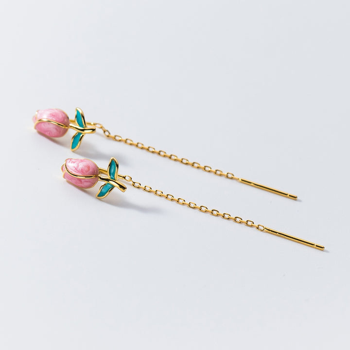 Boucle d'oreille tulipe colorée avec chaîne pendante en argent 925 - Femme. Un design floral vibrant pour les amoureuses de la nature.