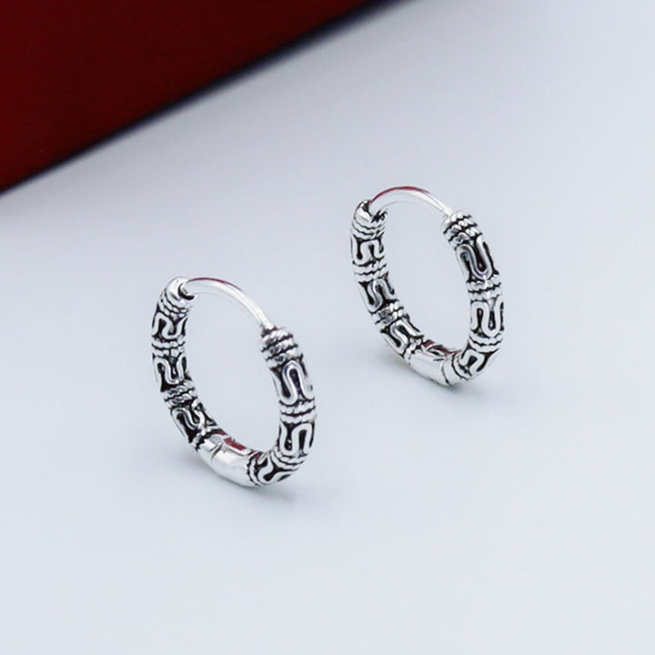 Boucle d'oreille anneau argent vieilli motif ethnique homme - Acier inoxydable, 16 x 16 mm, 3 g, style bohème.